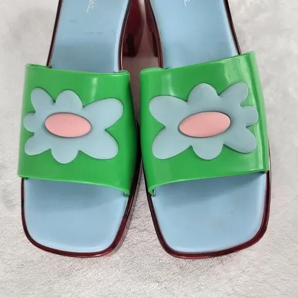 Lazy Oaf x Melissa Platform Slides Green Flower Sandals Chunky Heel Retro | 6 - Picture 3 of 13